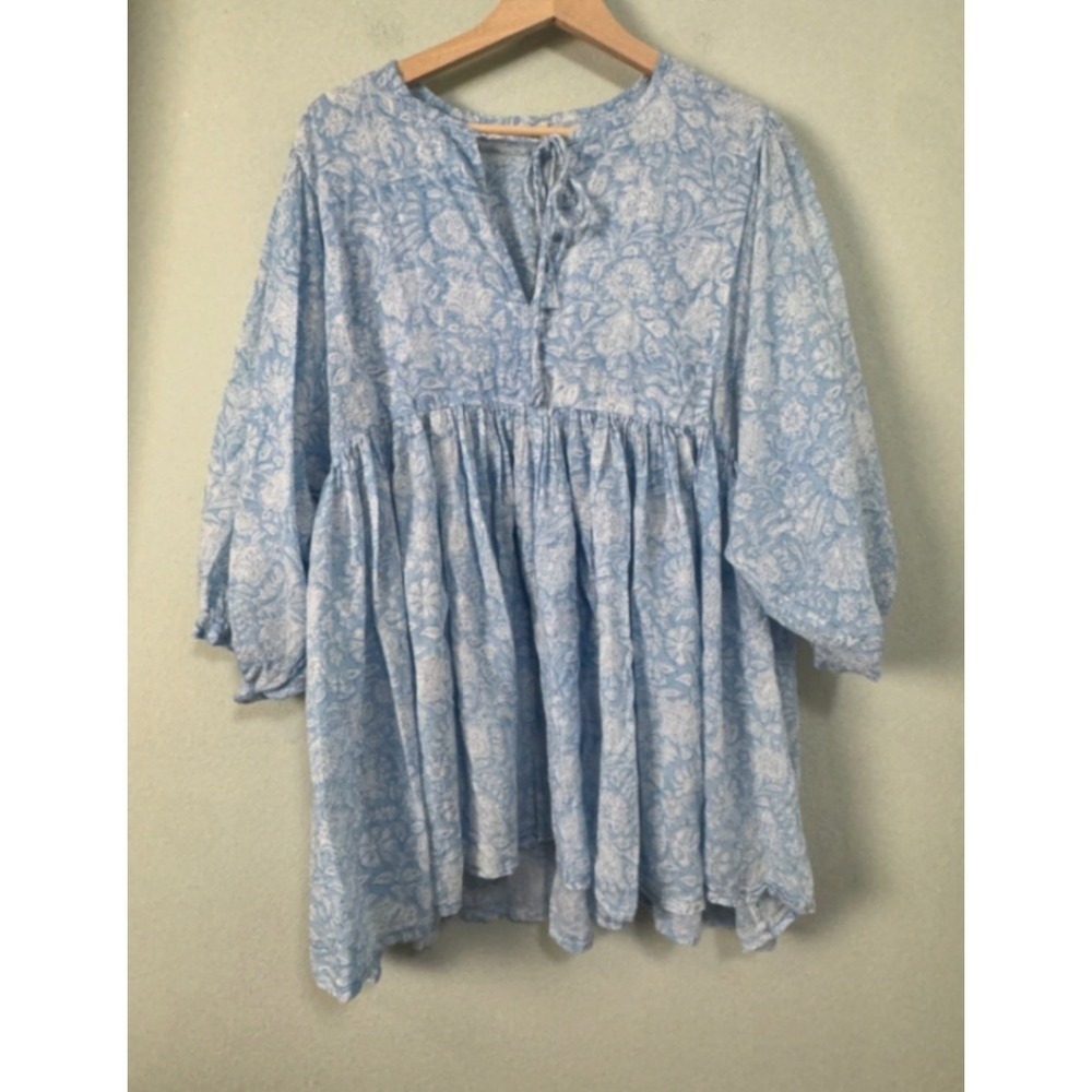 Floral Block Print Babydoll Boho Mini Dress Blue White Puff Sleeve Tie Neck Sz L